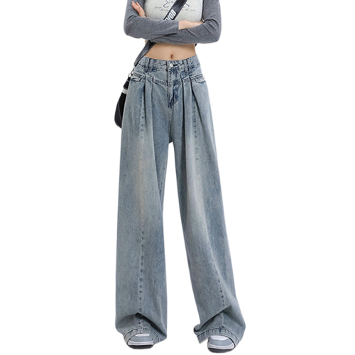 Pear-shaped body wide-leg jeans for women, fashionable pleated design, straight American niche loose floor trousers