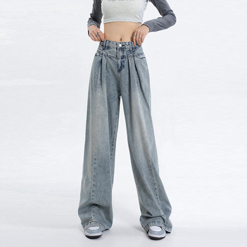 Pear-shaped body wide-leg jeans for women, fashionable pleated design, straight American niche loose floor trousers
