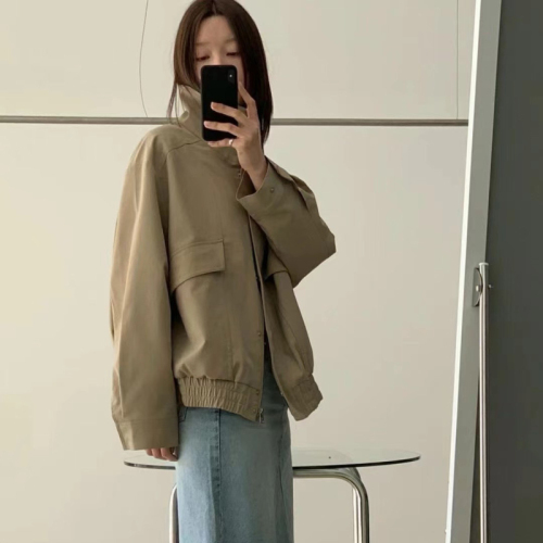 Size has been updated Korean chic early autumn retro temperament stand collar zipper loose versatile long sleeve jacket short jacket