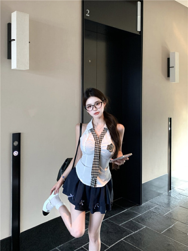 Actual photos~ Summer college style spicy girl style clothing sleeveless top sweet slimming A-line skirt two-piece set
