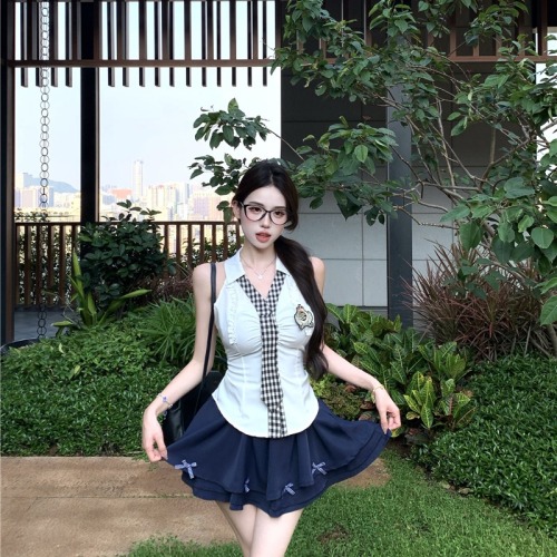 Actual photos~ Summer college style spicy girl style clothing sleeveless top sweet slimming A-line skirt two-piece set