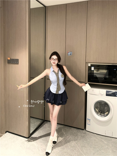 Actual photos~ Summer college style spicy girl style clothing sleeveless top sweet slimming A-line skirt two-piece set