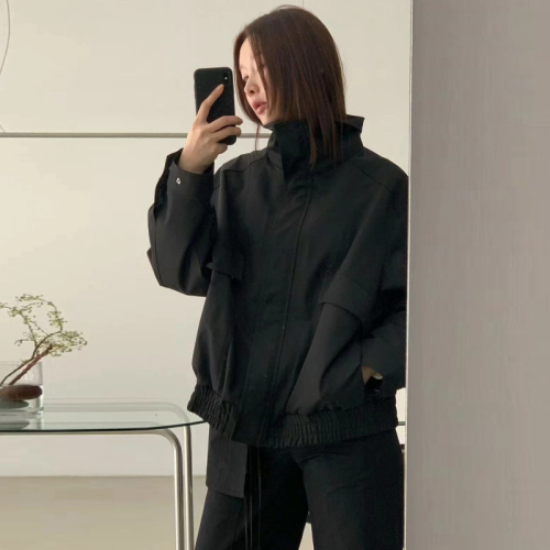 Size has been updated Korean chic early autumn retro temperament stand collar zipper loose versatile long sleeve jacket short jacket