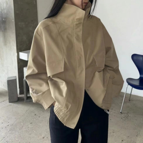 Size has been updated Korean chic early autumn retro temperament stand collar zipper loose versatile long sleeve jacket short jacket