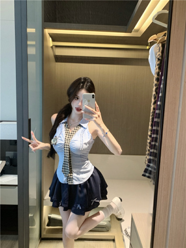 Actual photos~ Summer college style spicy girl style clothing sleeveless top sweet slimming A-line skirt two-piece set
