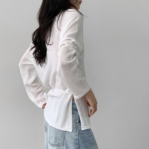 Original Handmade Korean Style Sweater with Tie Bow Detail, Slimming Solid Color Hem, Side Slits, Hooded Knit Top, Sun Protection Covering Shirt