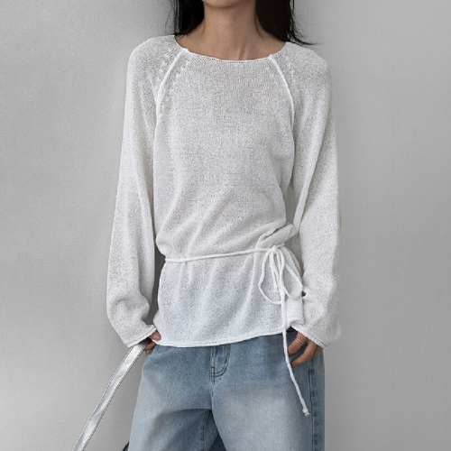 Original Handmade Korean Style Sweater with Tie Bow Detail, Slimming Solid Color Hem, Side Slits, Hooded Knit Top, Sun Protection Covering Shirt