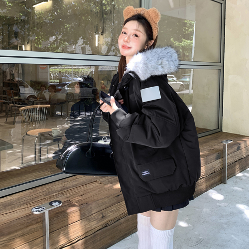 2025 New Winter Thick Workwear Down Cotton Coat for Women, Petite Size Korean Style Couple Down Jacket with Large Plaid Collar