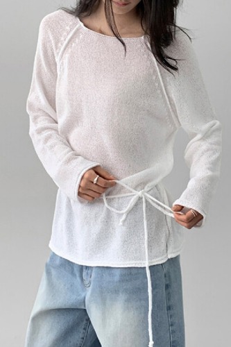 Original Handmade Korean Style Sweater with Tie Bow Detail, Slimming Solid Color Hem, Side Slits, Hooded Knit Top, Sun Protection Covering Shirt