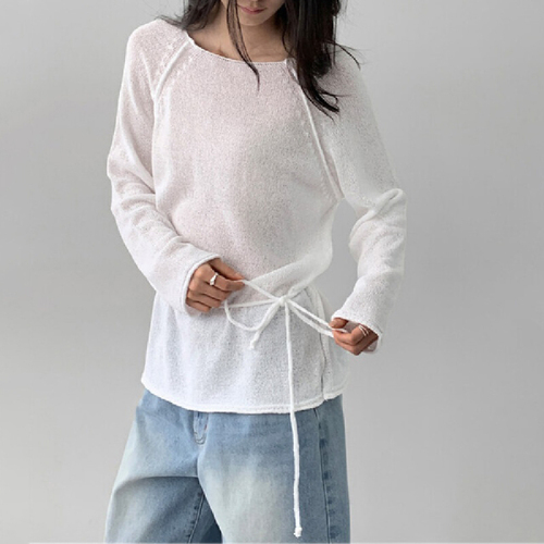 Original Handmade Korean Style Sweater with Tie Bow Detail, Slimming Solid Color Hem, Side Slits, Hooded Knit Top, Sun Protection Covering Shirt