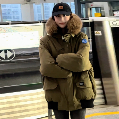 2025 New Winter Thick Workwear Down Cotton Coat for Women, Petite Size Korean Style Couple Down Jacket with Large Plaid Collar