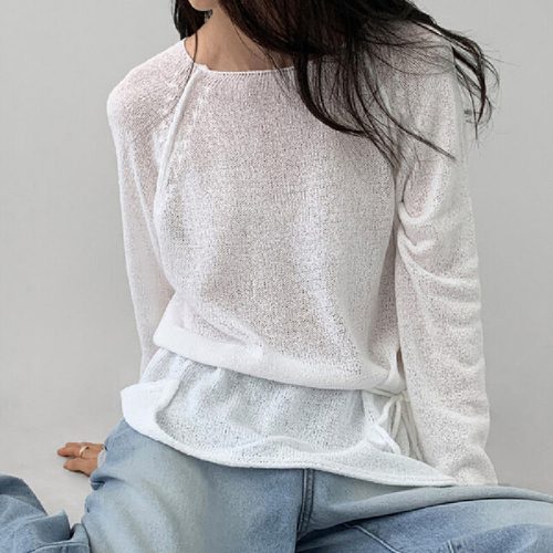 Original Handmade Korean Style Sweater with Tie Bow Detail, Slimming Solid Color Hem, Side Slits, Hooded Knit Top, Sun Protection Covering Shirt