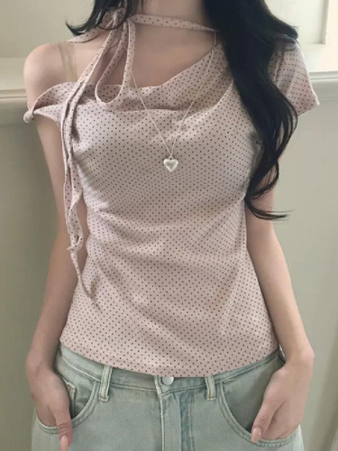 Sweet Girl French Polka Dot Off-the-Shoulder Strap Short-Sleeve T-Shirt Pink Pure and Charming Top