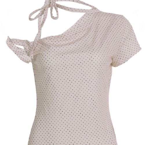 Sweet Girl French Polka Dot Off-the-Shoulder Strap Short-Sleeve T-Shirt Pink Pure and Charming Top