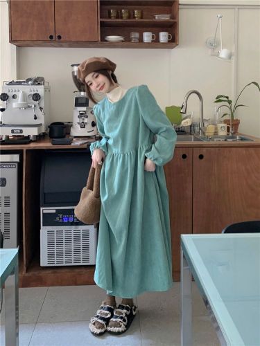 New 2025 Autumn Linen Dress for Women, Stylish Waist-Clinching Lantern Sleeve, Elegant A-Line Skirt, Loose Long Dress