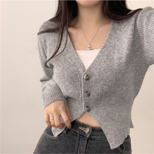 Photographed Autumn/Winter New Korean Style Fitted Short Knit Cardigan Solid Color V-neck Slimming Sweatshirt Short Jacket
