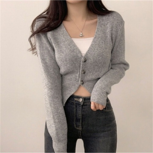 Photographed Autumn/Winter New Korean Style Fitted Short Knit Cardigan Solid Color V-neck Slimming Sweatshirt Short Jacket