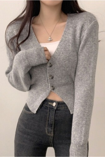 Photographed Autumn/Winter New Korean Style Fitted Short Knit Cardigan Solid Color V-neck Slimming Sweatshirt Short Jacket