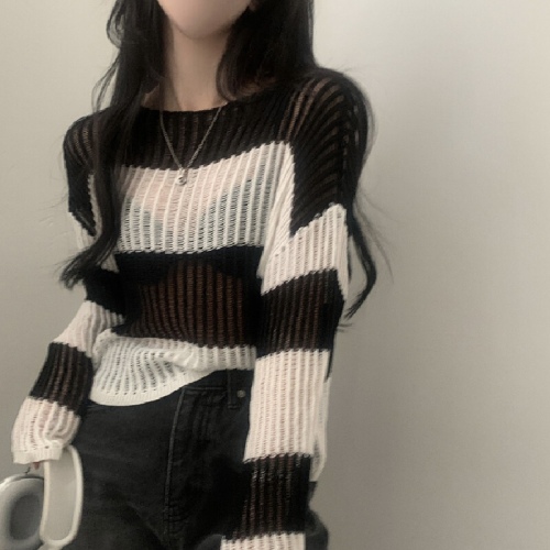 Korean-style lazy-style loose striped sheer long-sleeved tunic sweater for women to wear over other tops
