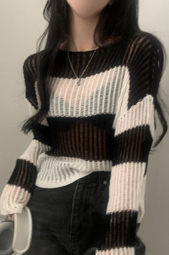 Korean-style lazy-style loose striped sheer long-sleeved tunic sweater for women to wear over other tops