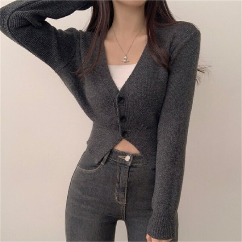 Photographed Autumn/Winter New Korean Style Fitted Short Knit Cardigan Solid Color V-neck Slimming Sweatshirt Short Jacket
