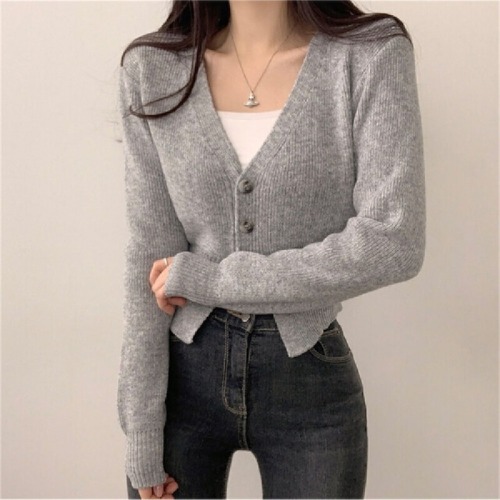 Photographed Autumn/Winter New Korean Style Fitted Short Knit Cardigan Solid Color V-neck Slimming Sweatshirt Short Jacket
