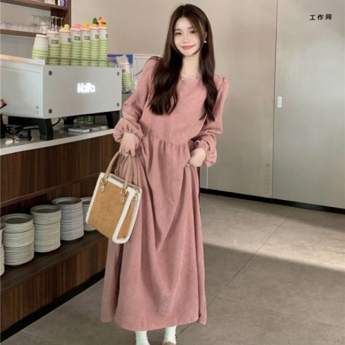 New 2025 Autumn Linen Dress for Women, Stylish Waist-Clinching Lantern Sleeve, Elegant A-Line Skirt, Loose Long Dress