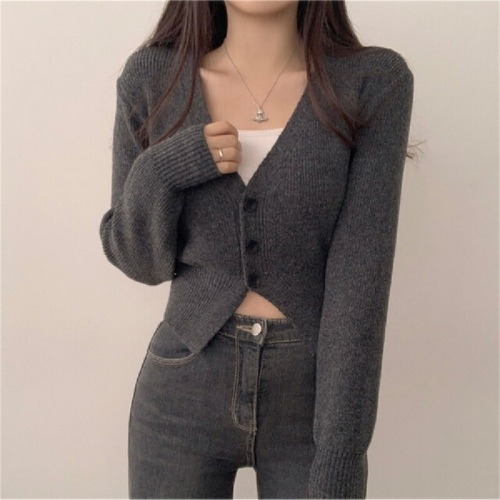 Photographed Autumn/Winter New Korean Style Fitted Short Knit Cardigan Solid Color V-neck Slimming Sweatshirt Short Jacket