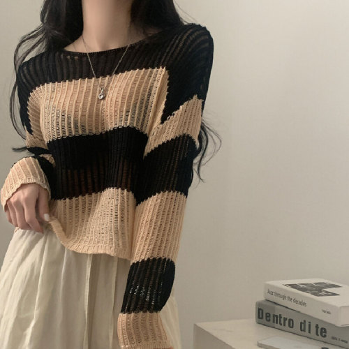 Korean-style lazy-style loose striped sheer long-sleeved tunic sweater for women to wear over other tops