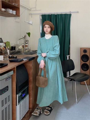 New 2025 Autumn Linen Dress for Women, Stylish Waist-Clinching Lantern Sleeve, Elegant A-Line Skirt, Loose Long Dress