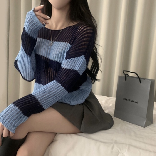 Korean-style lazy-style loose striped sheer long-sleeved tunic sweater for women to wear over other tops