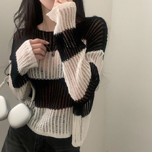 Korean-style lazy-style loose striped sheer long-sleeved tunic sweater for women to wear over other tops