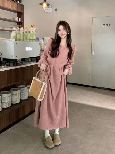 New 2025 Autumn Linen Dress for Women, Stylish Waist-Clinching Lantern Sleeve, Elegant A-Line Skirt, Loose Long Dress