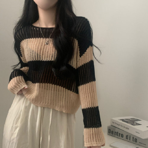 Korean-style lazy-style loose striped sheer long-sleeved tunic sweater for women to wear over other tops
