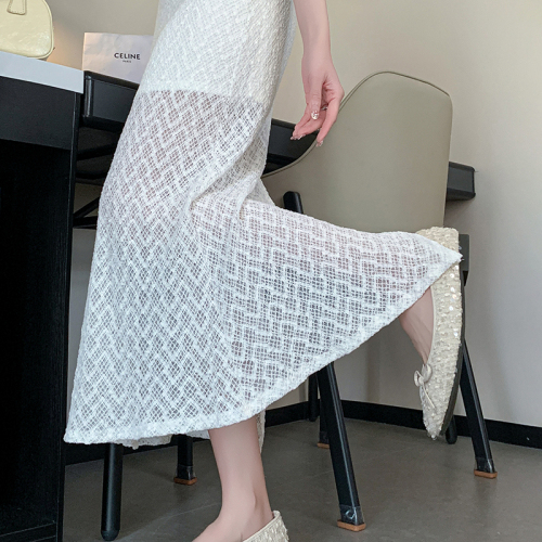 Real photos in stock Korean fashion high-waisted slim lace slit skirt texture and texture wrapping fish tail A-line long skirt