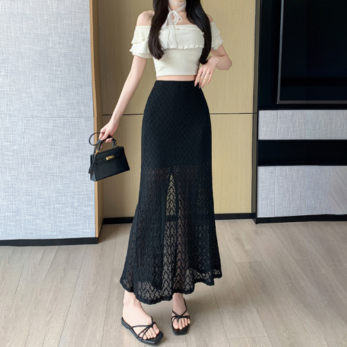Real photos in stock Korean fashion high-waisted slim lace slit skirt texture and texture wrapping fish tail A-line long skirt