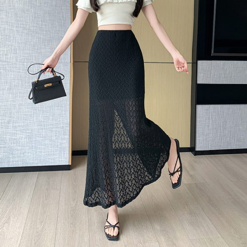 Real photos in stock Korean fashion high-waisted slim lace slit skirt texture and texture wrapping fish tail A-line long skirt