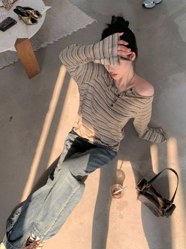 Original Color Weave Striped Off-the-Shoulder Long Sleeve T-Shirt for Women - High-End, Relaxed Style Loose One-Shoulder Tunic Top