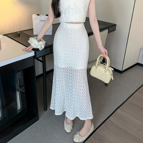 Real photos in stock Korean fashion high-waisted slim lace slit skirt texture and texture wrapping fish tail A-line long skirt