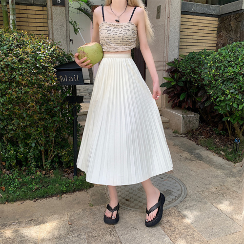 Spot real shots and price apricot long skirt for women with elastic waist high waist pleated skirt