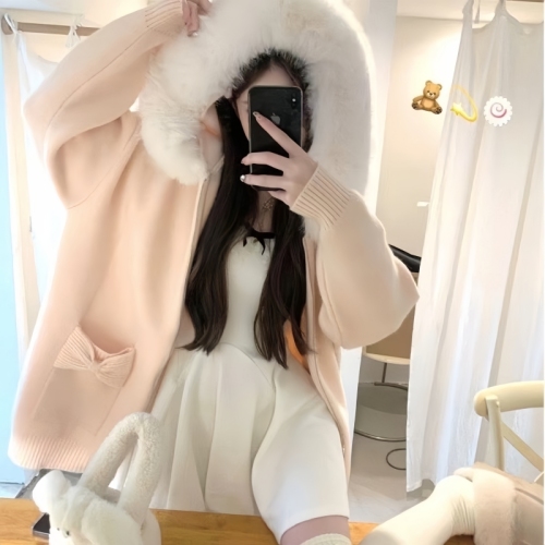 Leather Collar Hooded Long Sleeve Sweater Coat for Women - Winter New Fashion Stylish Thick Warm Knit Cardigan