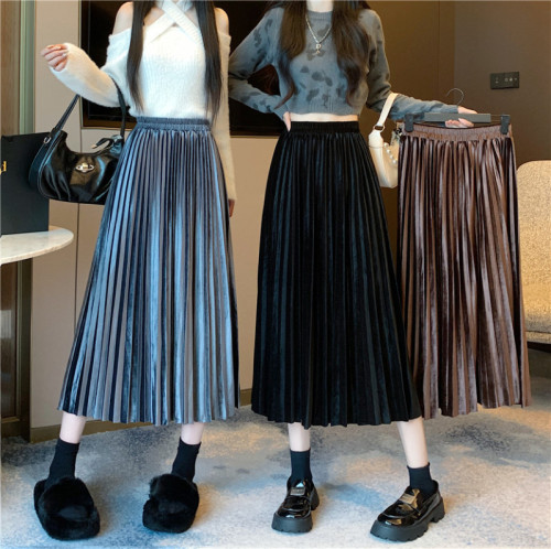 Spot real shots and real price gold velvet skirt mid-length women's pleated skirt waist slim long skirt A-line skirt