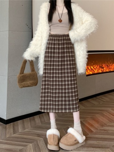 Spot real shots and real price, hair retro plaid hip-pack skirt for women in autumn and winter woolen A-line mid-length skirt