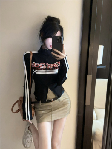 Real shot ~ 2024 autumn new American style printed stand collar design waist slimming double zipper short jacket