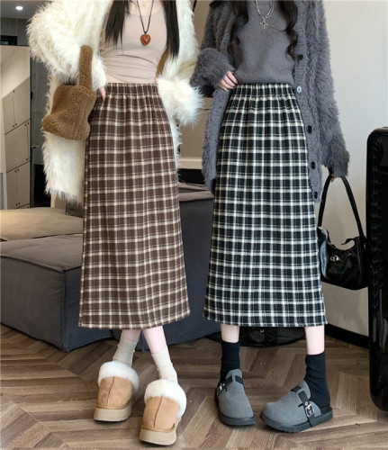 Spot real shots and real price, hair retro plaid hip-pack skirt for women in autumn and winter woolen A-line mid-length skirt
