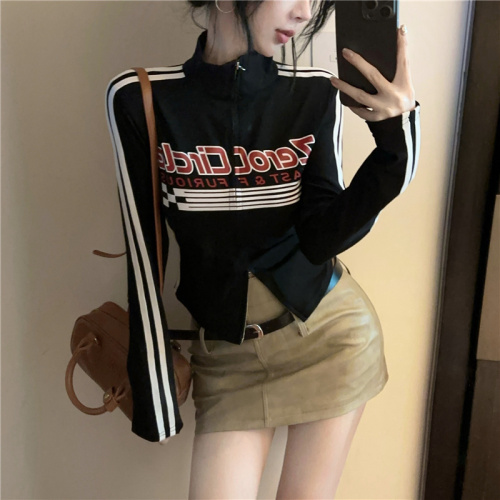 Real shot ~ 2024 autumn new American style printed stand collar design waist slimming double zipper short jacket