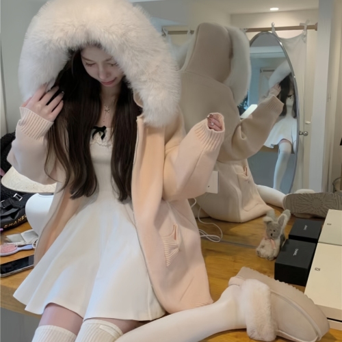 Leather Collar Hooded Long Sleeve Sweater Coat for Women - Winter New Fashion Stylish Thick Warm Knit Cardigan