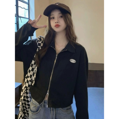 Real-life auction and real-price!  Korean retro small versatile double zipper long-sleeved jacket loose short polo collar top