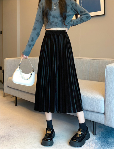 Spot real shots and real price gold velvet skirt mid-length women's pleated skirt waist slim long skirt A-line skirt