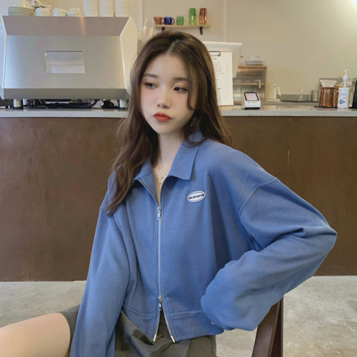 Real-life auction and real-price!  Korean retro small versatile double zipper long-sleeved jacket loose short polo collar top